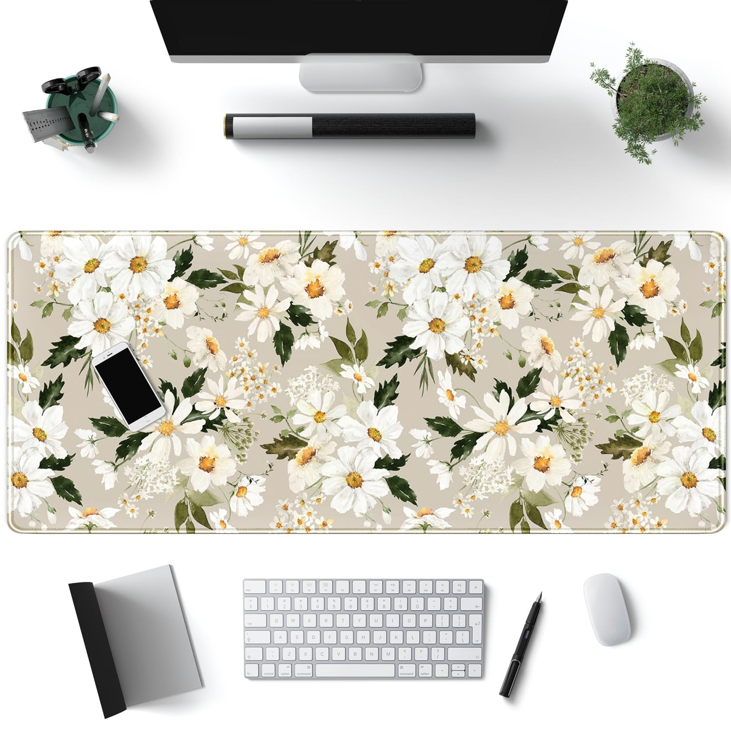 Daisy Floral Daisies Large Mouse Pad Watercolor Flowers Desk Mat, Washable Mo...