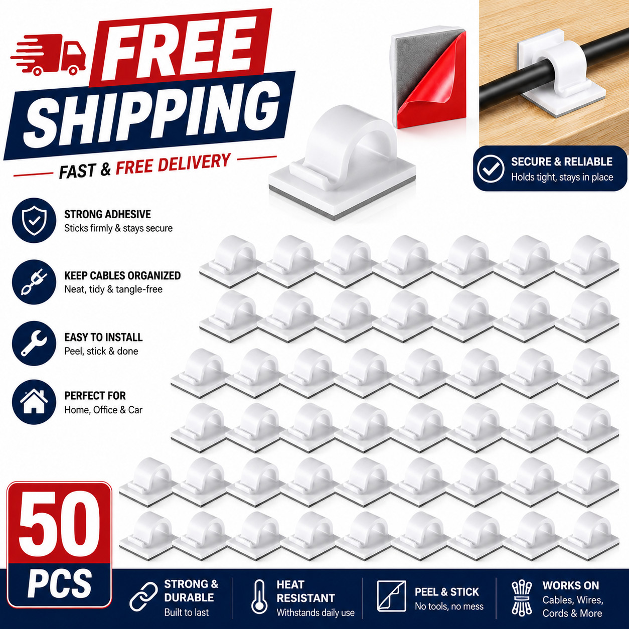 50Pcs Adhesive Cable Clips Sticky Wire Organizer Cord Management Holder Desk USB