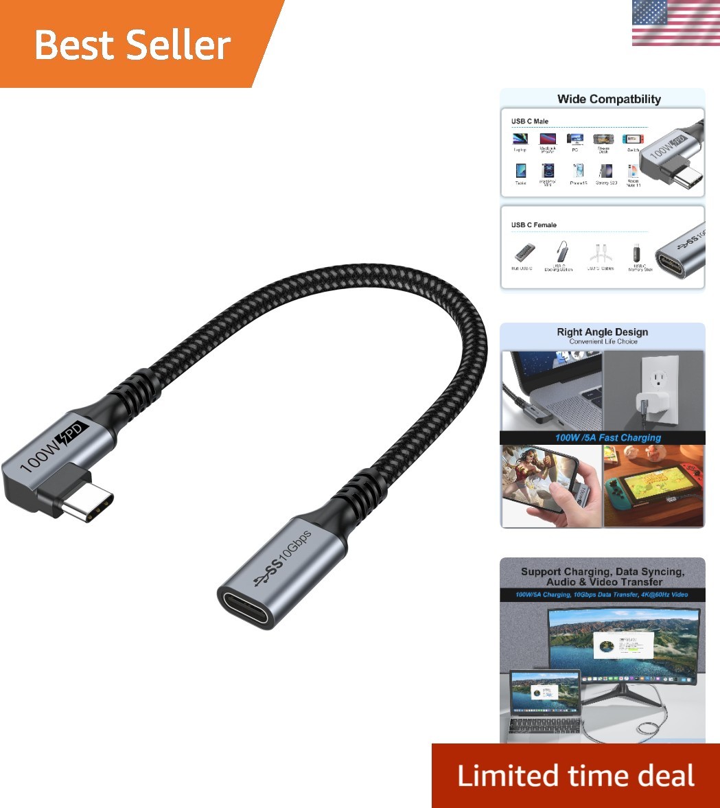 Right Angle USB C Extension Cable 1FT - High-Speed 10Gbps 100W & 4K Resolution