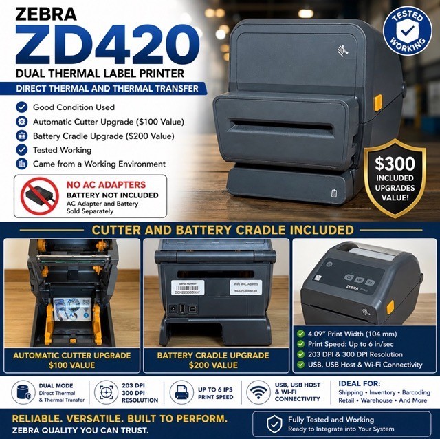 Zebra ZD420 Printer BT/WiFi 300dpi " Used Working" : With Cutter/ Battery Cradle