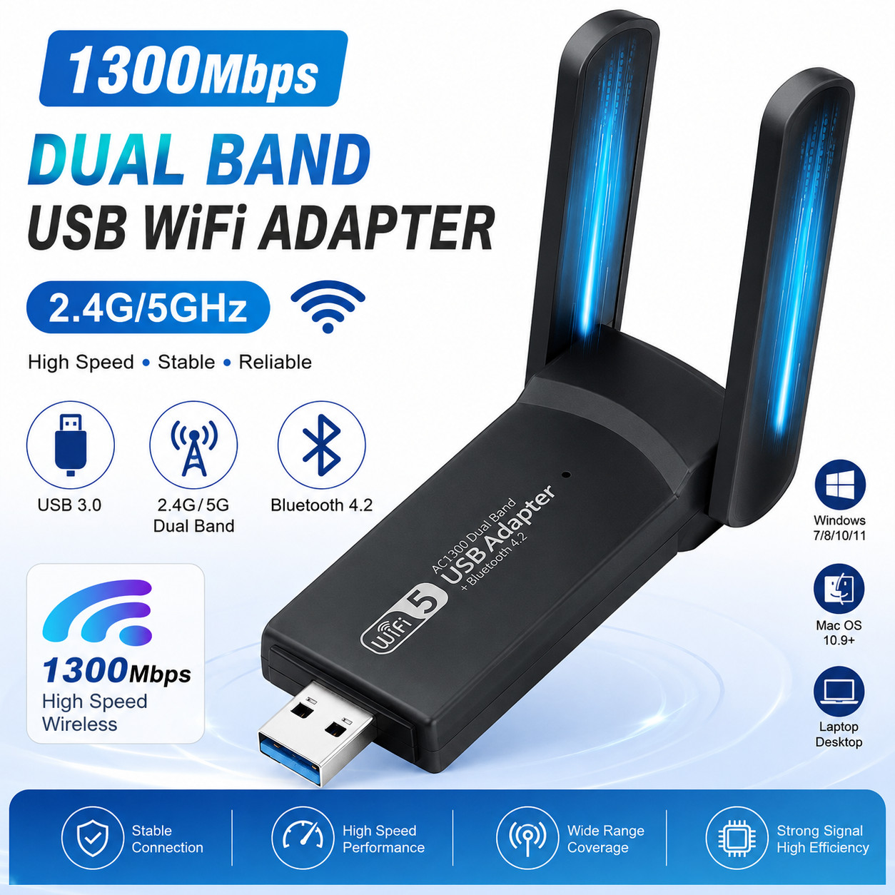 USB 3.0 Wireless WIFI Adapter 1300Mbps Long Range Dongle Dual Band 5Ghz Network