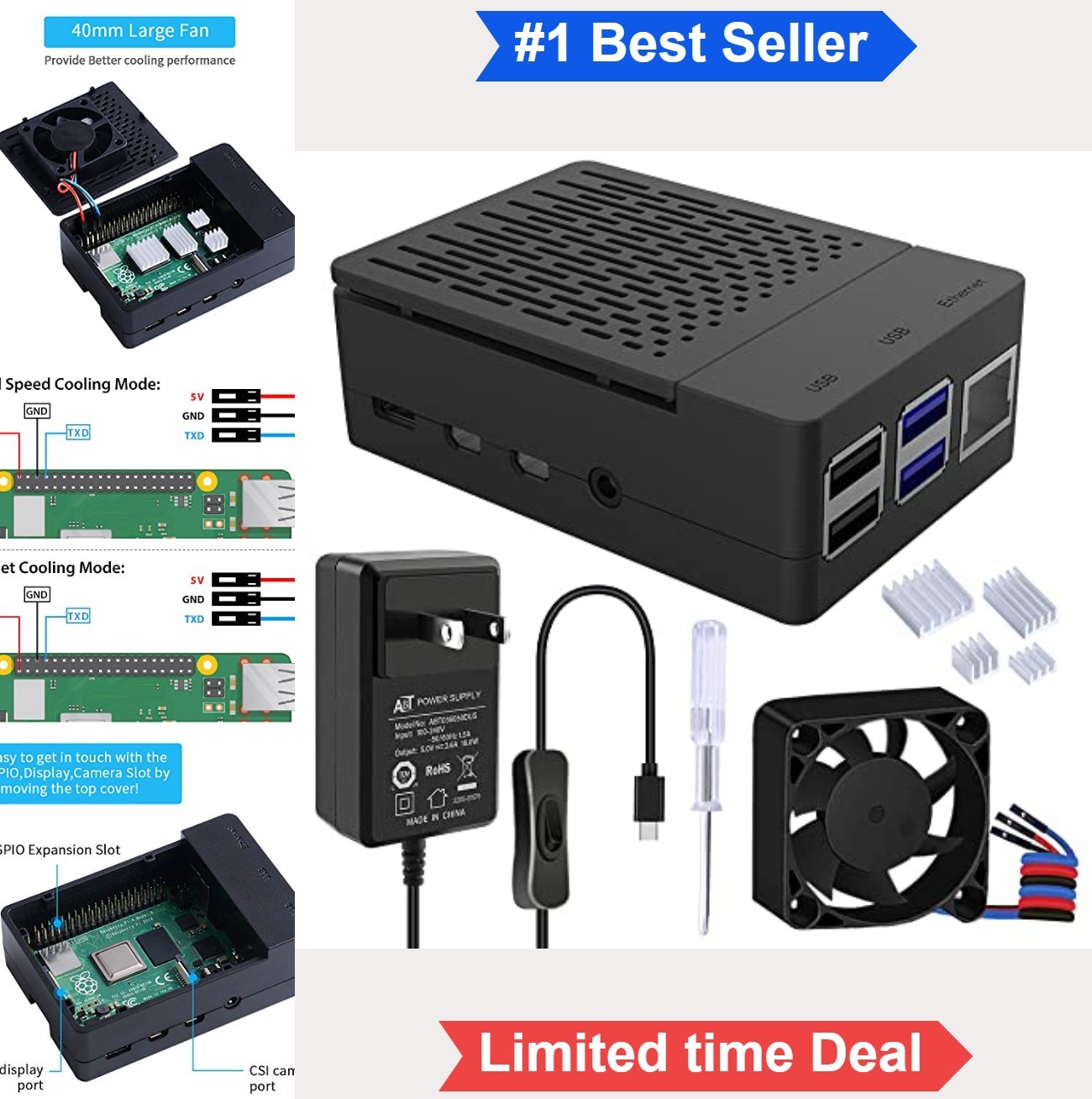 Raspberry Pi 4 Case ABS Black 18W 5V 3.6A Power Supply PWM Fan Heatsinks