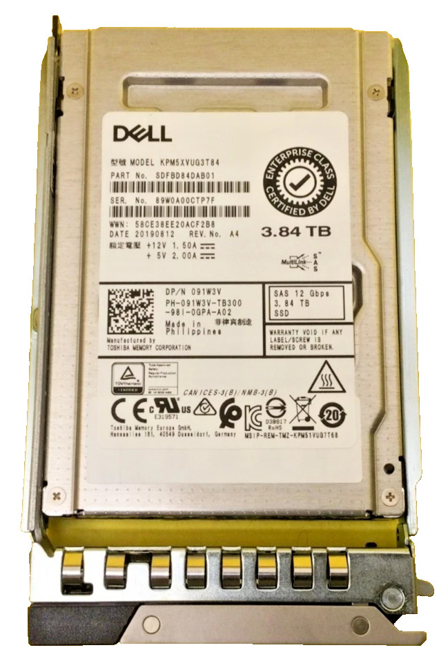 91W3V DELL 3.84TB SAS 12Gbps Mixed Use 2.5in SSD KPM5XVUG3T84 091W3V