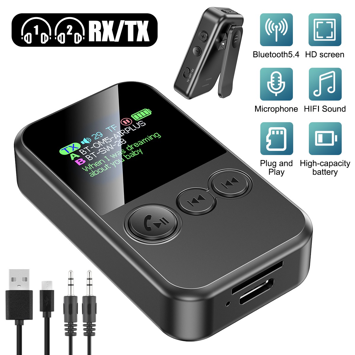 Bluetooth 5.4 Transmitter Receiver MP3 Player 3 IN 1 Wireless Audio Aux Adapter