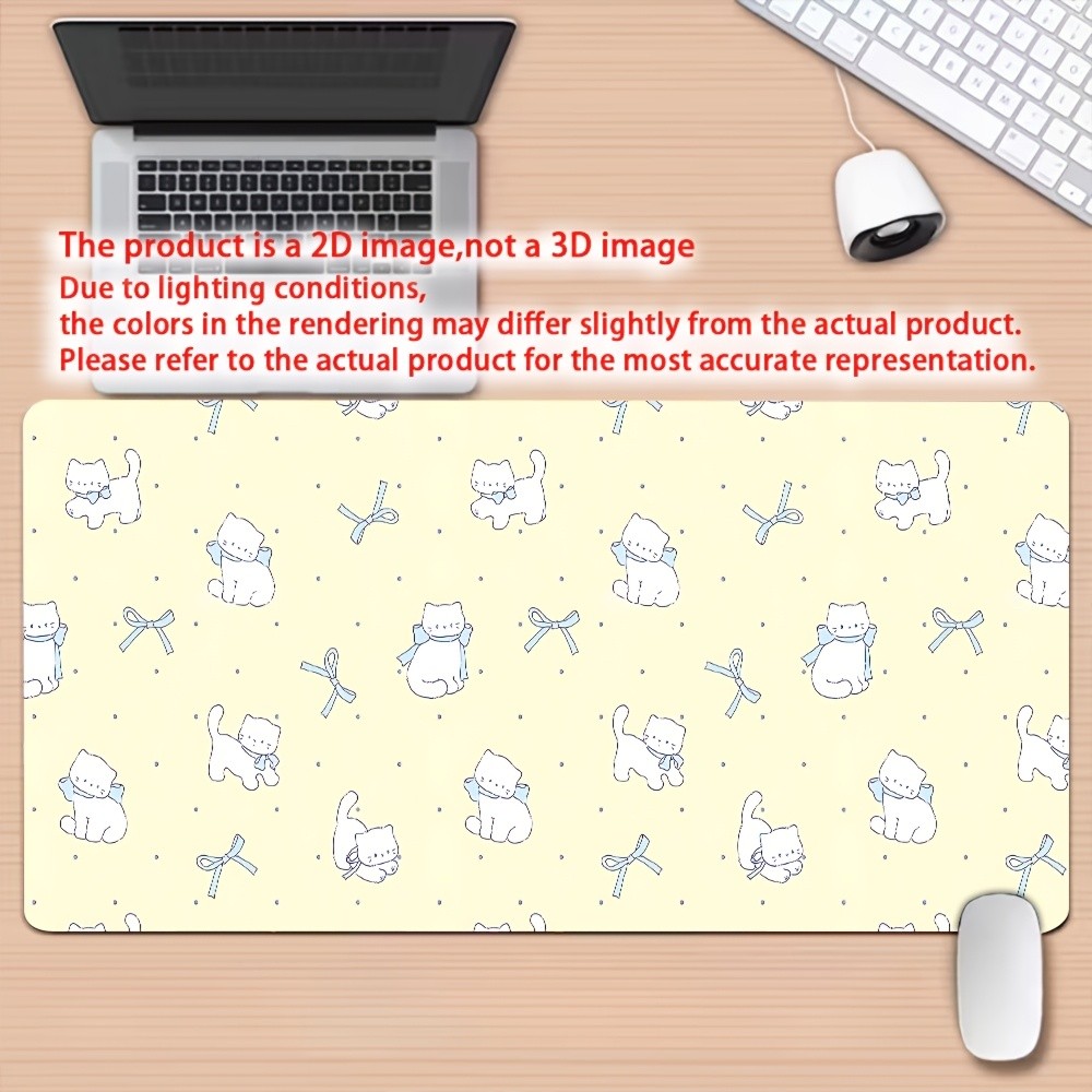 1pc Kawaii White Cat & Blue Bow Desk Mat with Non-Slip Rubber Base, Washable M