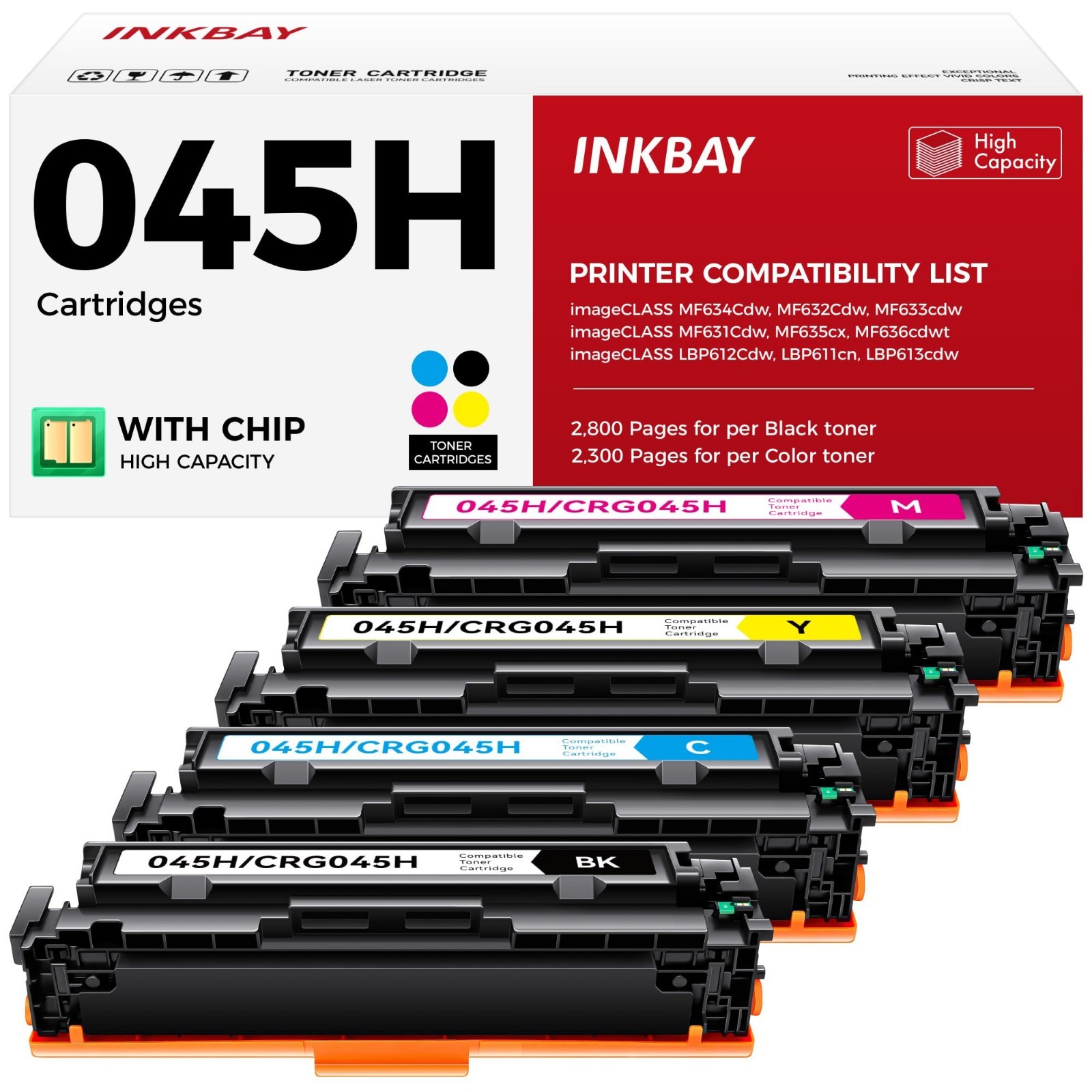 High Yield 045H Toner Cartridge Set 4-Pack for Canon Color Printers - Black, Cya
