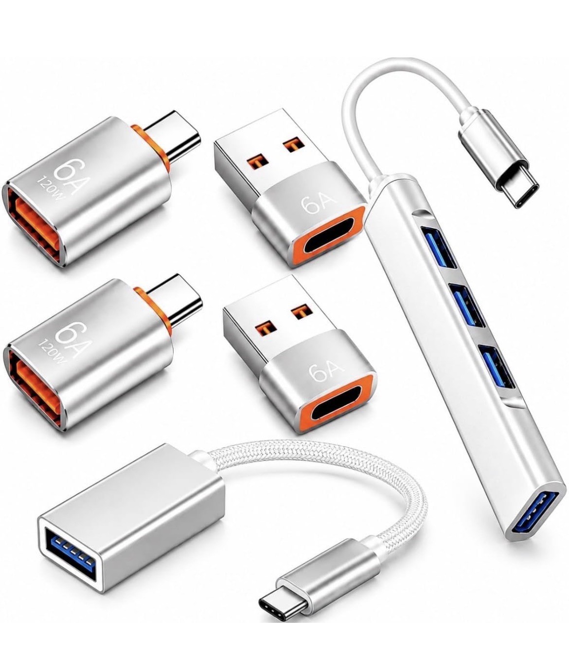 6 in 1 USB C Adapter Kit with 4-Port USB 3.0 Hub, OTG & 6A Fast Charge Adapters