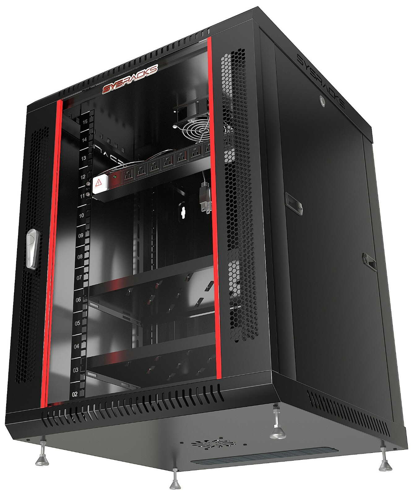 15U Server Rack Locking Network Cabinet Data Enclosure with PDU-Feet-Fan-Shelf