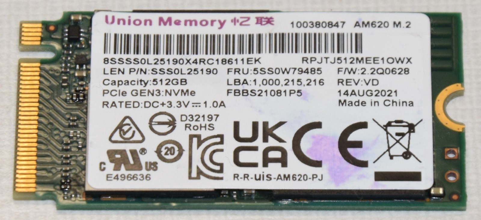 Lenovo Union Memory AM620 512GB M.2 PCIe Gen3 NVMe 2242 SSD 5SS0W79485 Tested