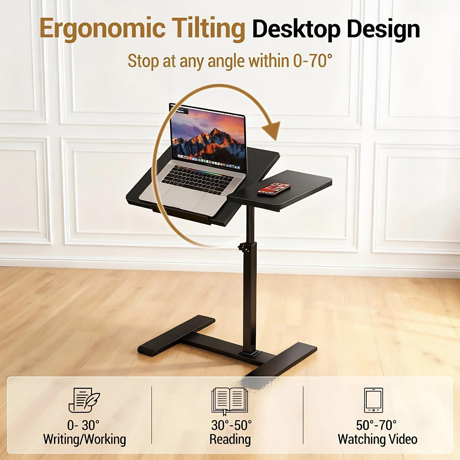Angle Rolling Laptop Desk Table W/ Casters Notebook Stand Height Adjustable