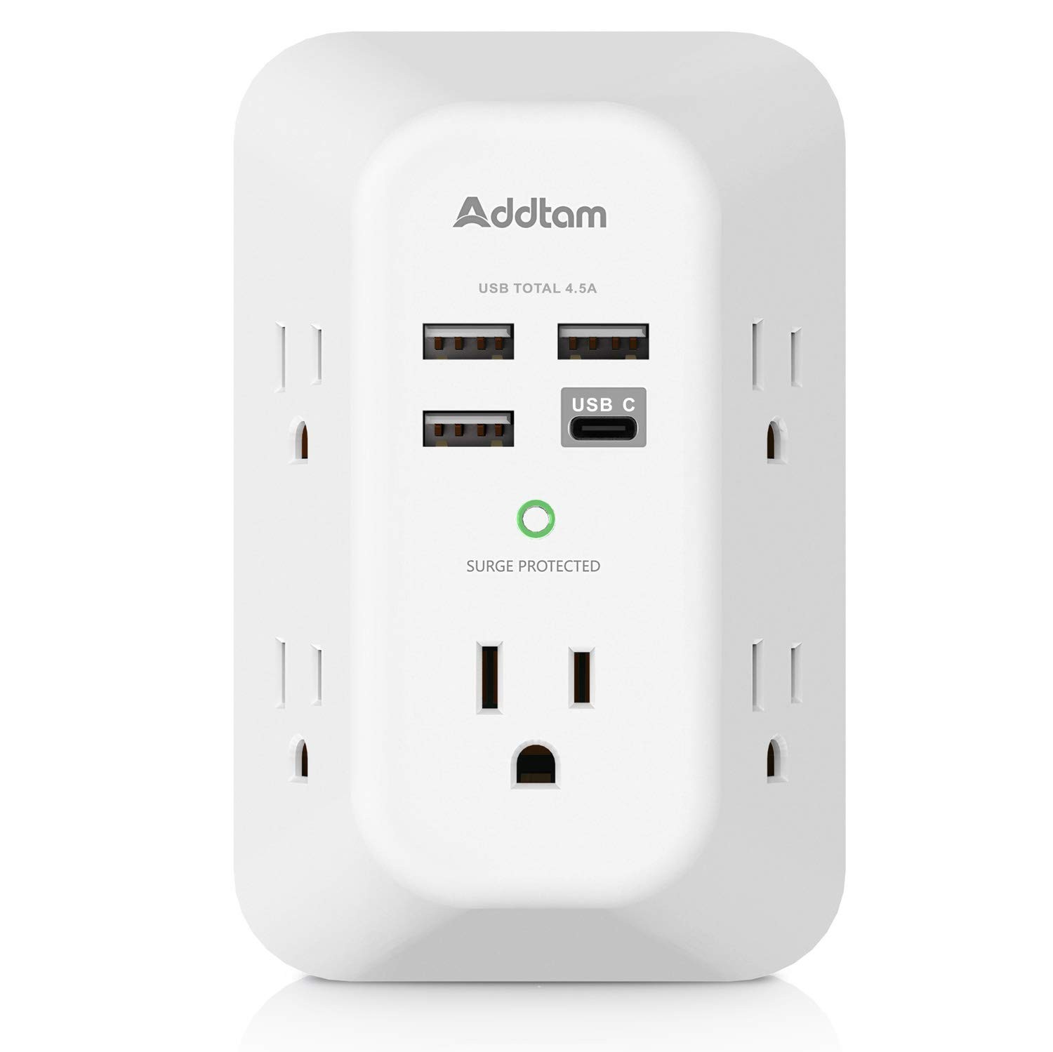 Addtam Surge Protector Outlet Extender with 5 AC and 4 USB Ports, 1c3a, White