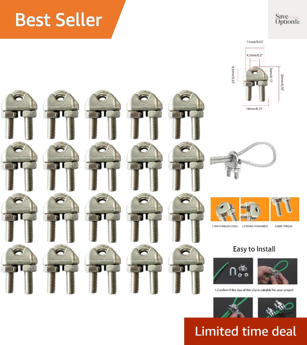 20Pcs 1/8 inch Stainless Steel Wire Rope Cable Clamp,M3 Wire Rope Clips U Bolt S