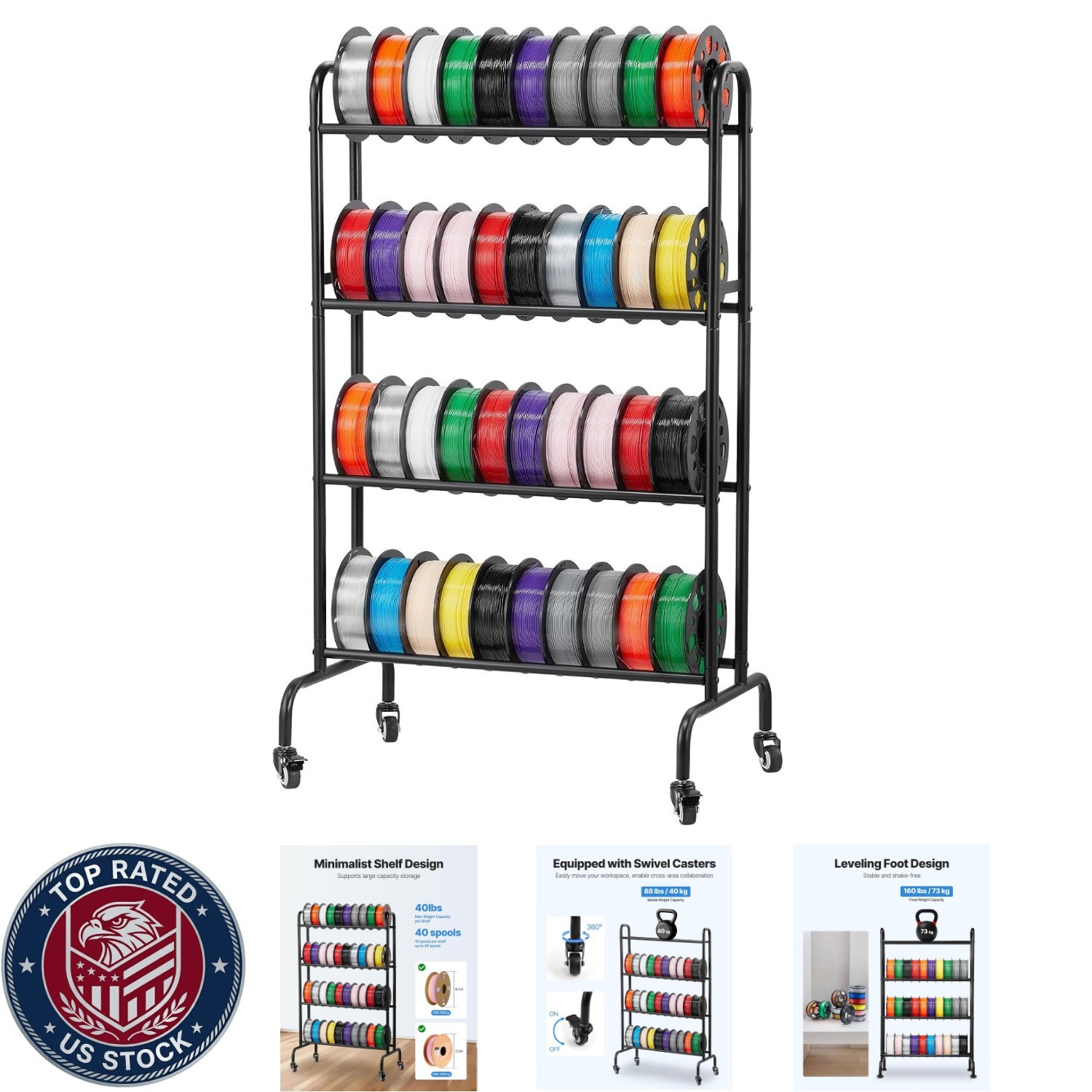 3D Printer Filament Storage Rack, 4 Tier Heavy Duty Storage Shelf, Rolling