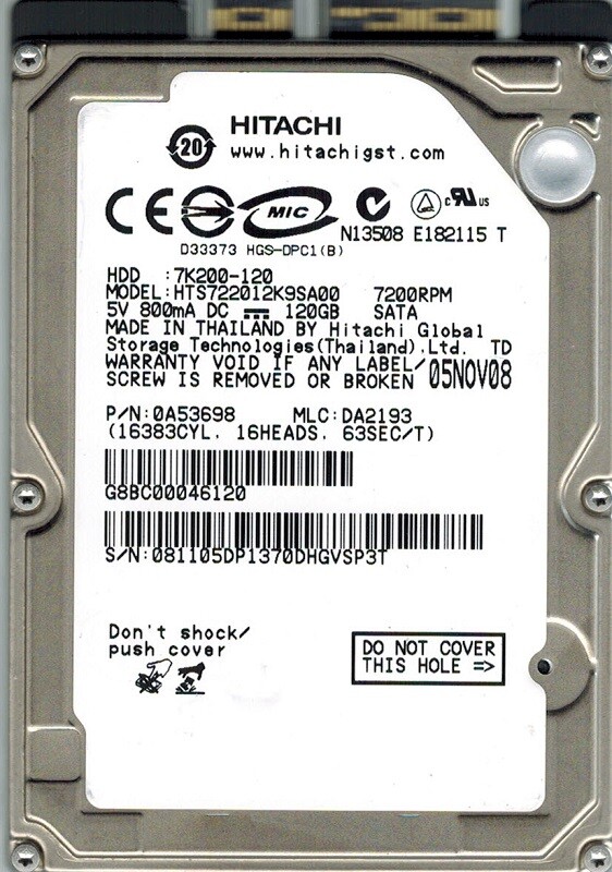 Hitachi HTS722012K9SA00 P/N: 0A53698 MLC: DA2193 120GB