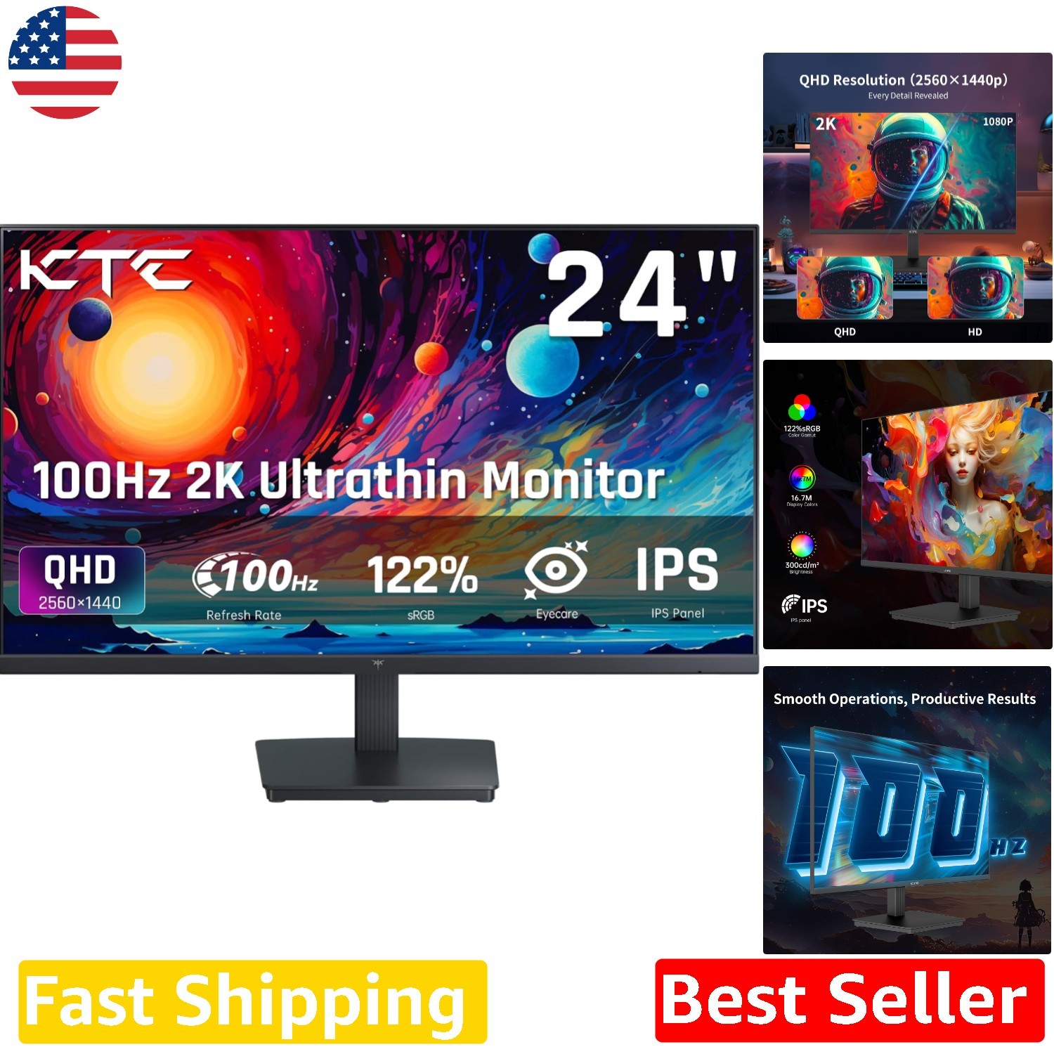 Gaming Monitor 24" QHD 1440P 100Hz IPS 122% sRGB Flicker-Free G-Sync