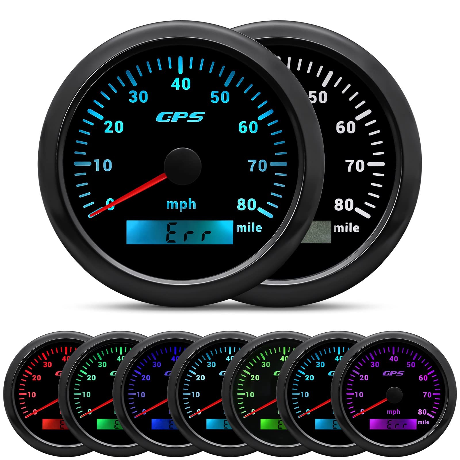 GPS Speedometer 85mm 3-3/8" Digital Odometer 80MPH Speed Gauge 7 Color Waterp...
