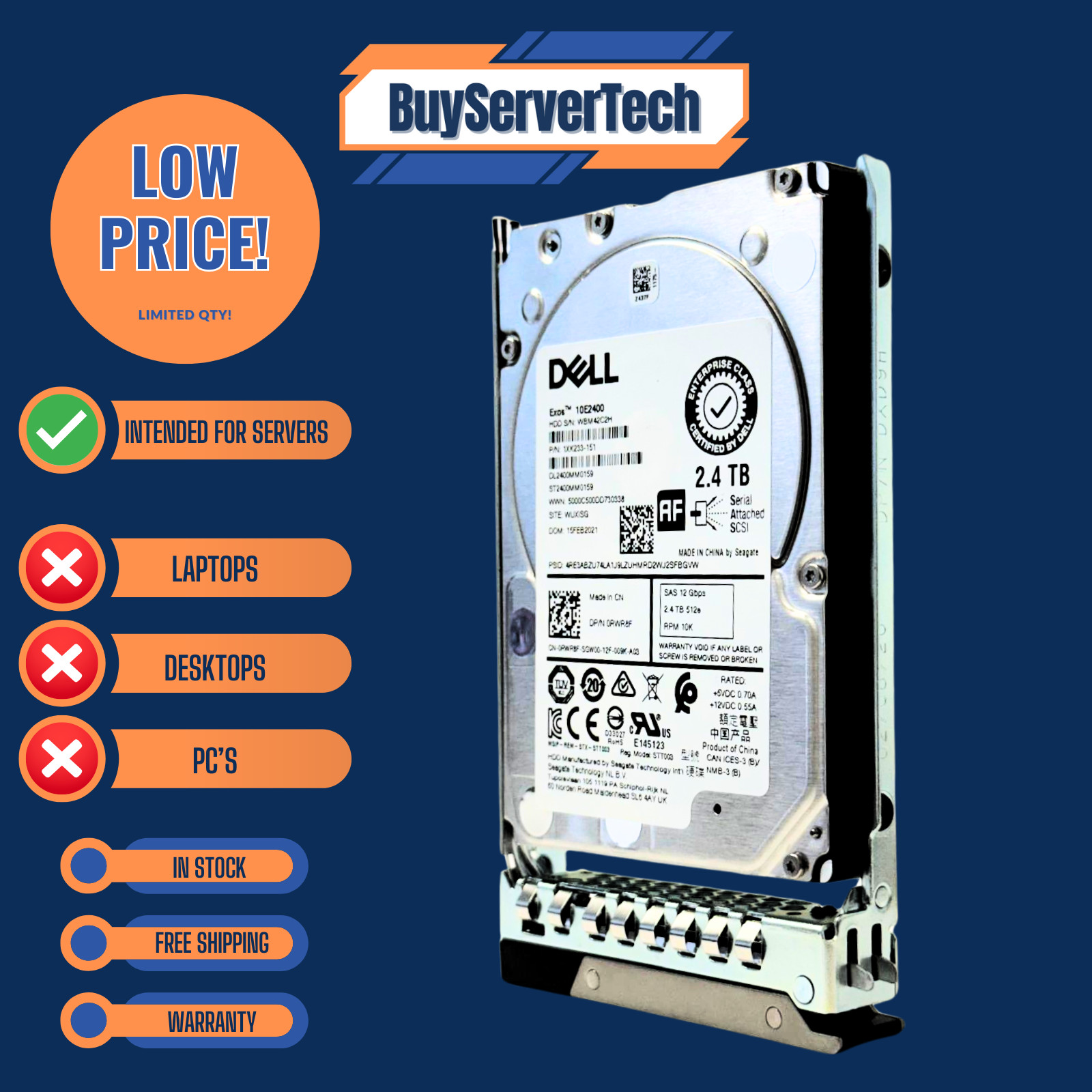 Dell RWR8F 2.4TB 10K SAS 12Gbps 2.5" HDD ST2400MM0159 256MB Cache 0HRS + 2YR WTY