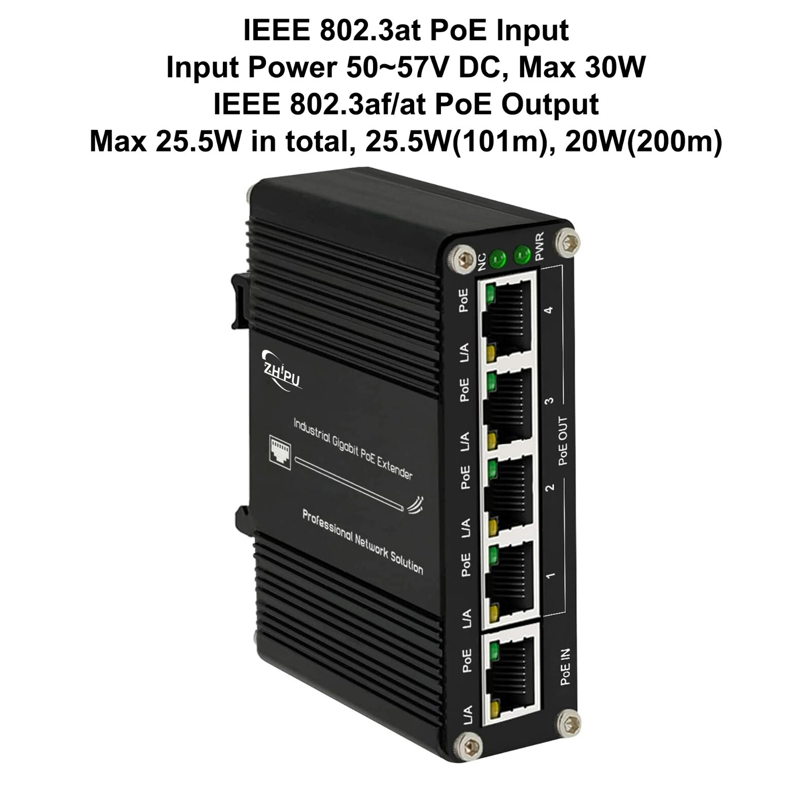 Mini Industrial Gigabit Ethernet PoE Extender IEEE 802.3at Input and 4 Ports Out