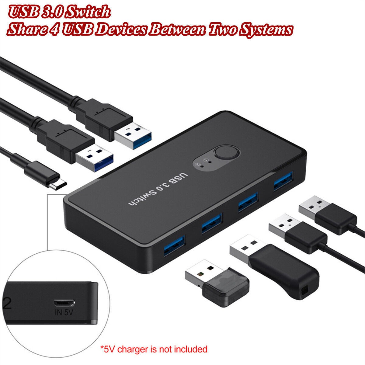 USB 3.0 Switcher For PC Printer Scanner Keyboard 2 Computers Sharing 4 Devices