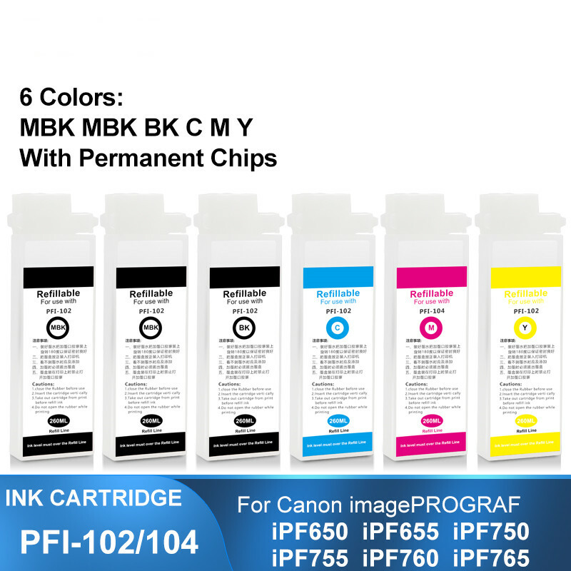 6PC PFI-102/104 Refillable Ink Cartridge With Chip For Canon iPF650 750 755 760