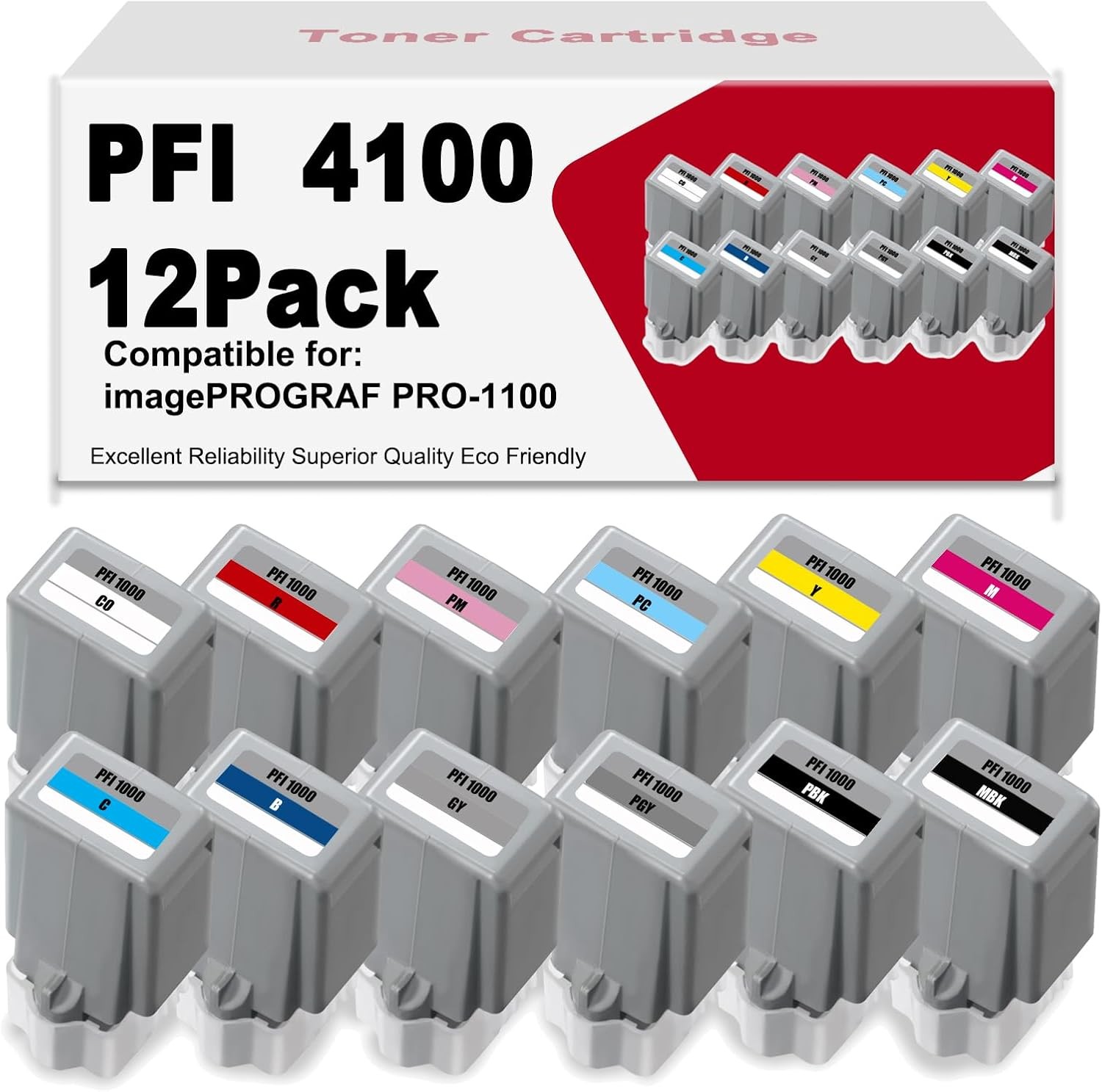 12-Pack High Capacity PFI-4100 80ml Pigment Ink Tank Set for Canon Pro 1100
