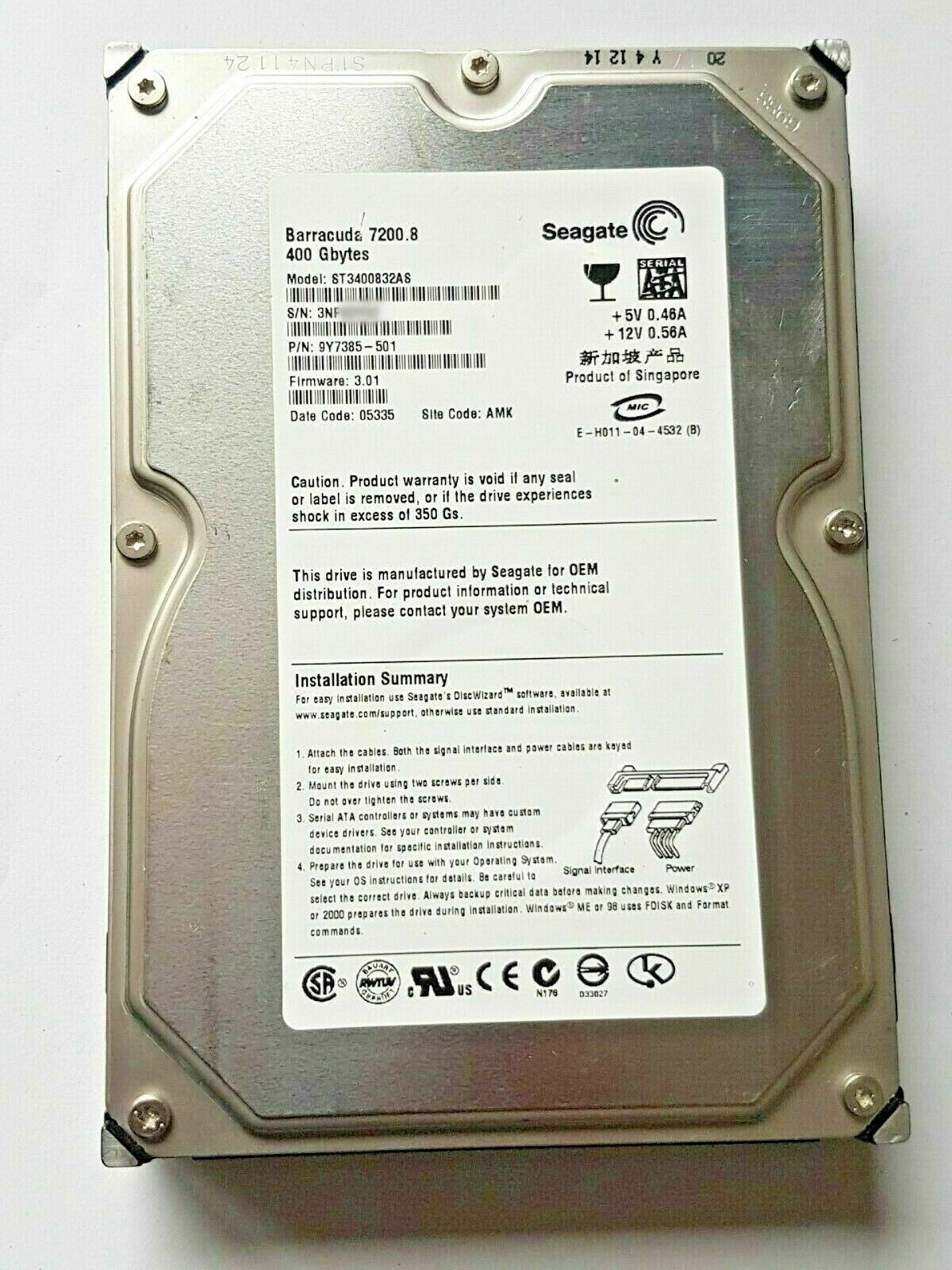400 GB SATA Seagate Barracuda 7200.8 ST3400832AS 8MB 3.5" hard drive
