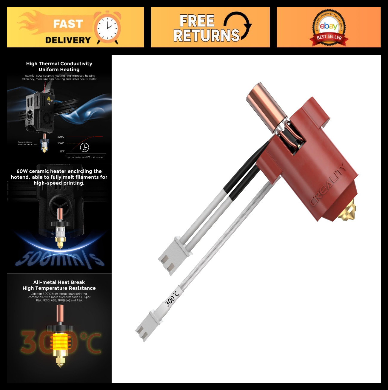 High-Performance Hotend Kit for 3D Printers - 300°C Ceramic Block, Fast Heating,