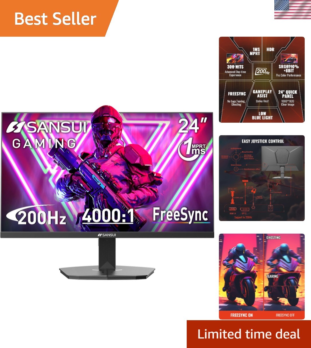 FHD 1080P 24-Inch Monitor: 200Hz Refresh Rate & 1ms Response for Seamless Gaming