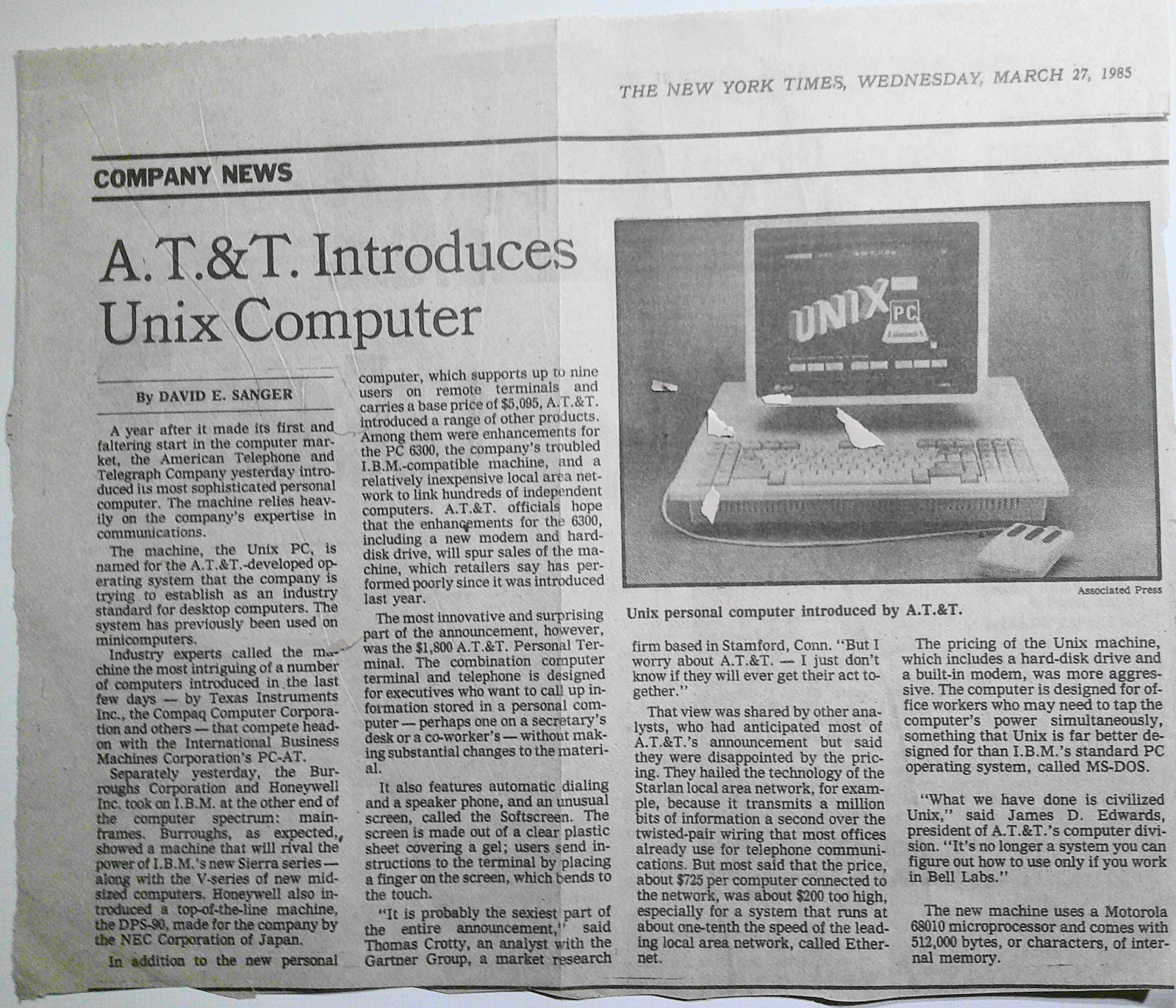 AT&T introduces UNIX PC computer - clipping from New York Times, March 27, 1985