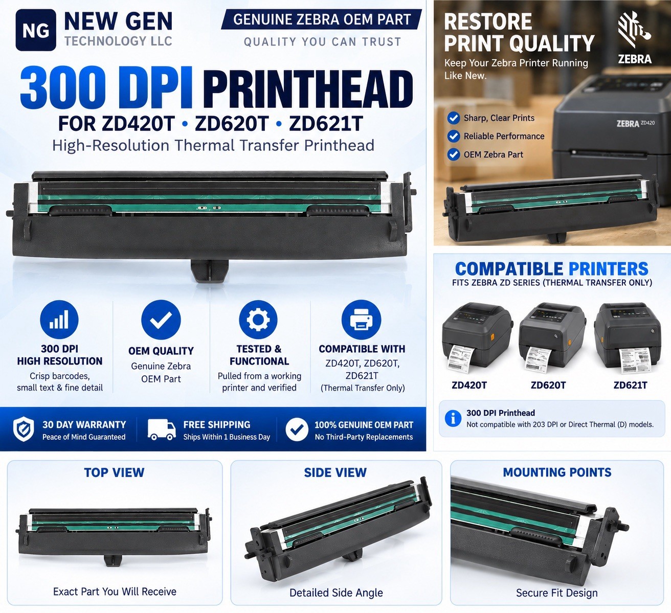 OEM PULL Zebra 300 DPI Printhead for ZD420/ ZD620T/ ZD621T Thermal Printers
