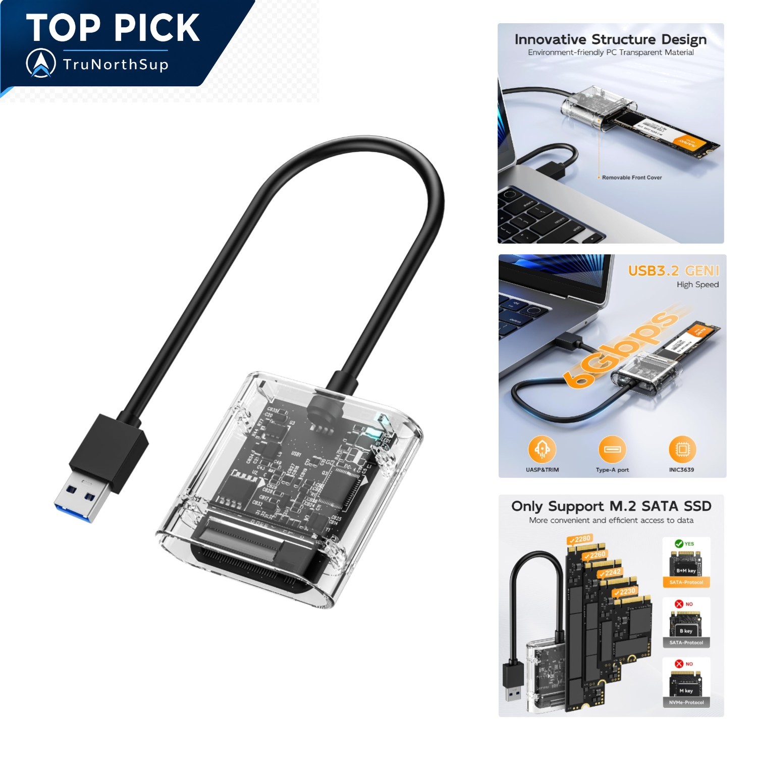 M.2 SATA SSD Enclosure B+M Key USB 3.0 5Gbps for 2230-2280-22110 SSDs
