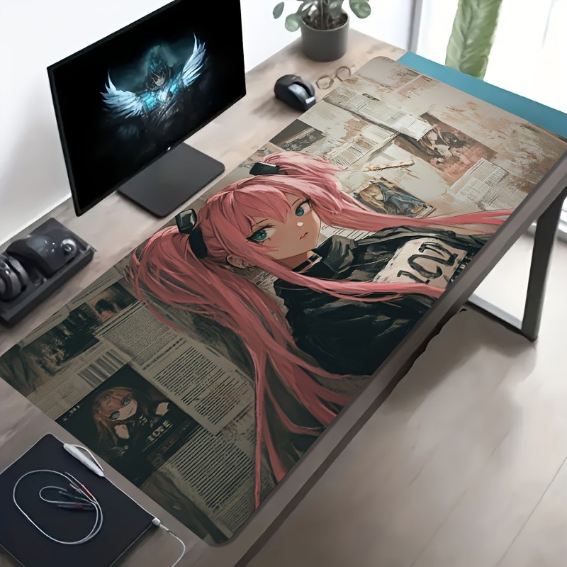 1pc Large-sized Esports Gaming Mouse Pad with a Cool Pink-haired Twin-tailed G