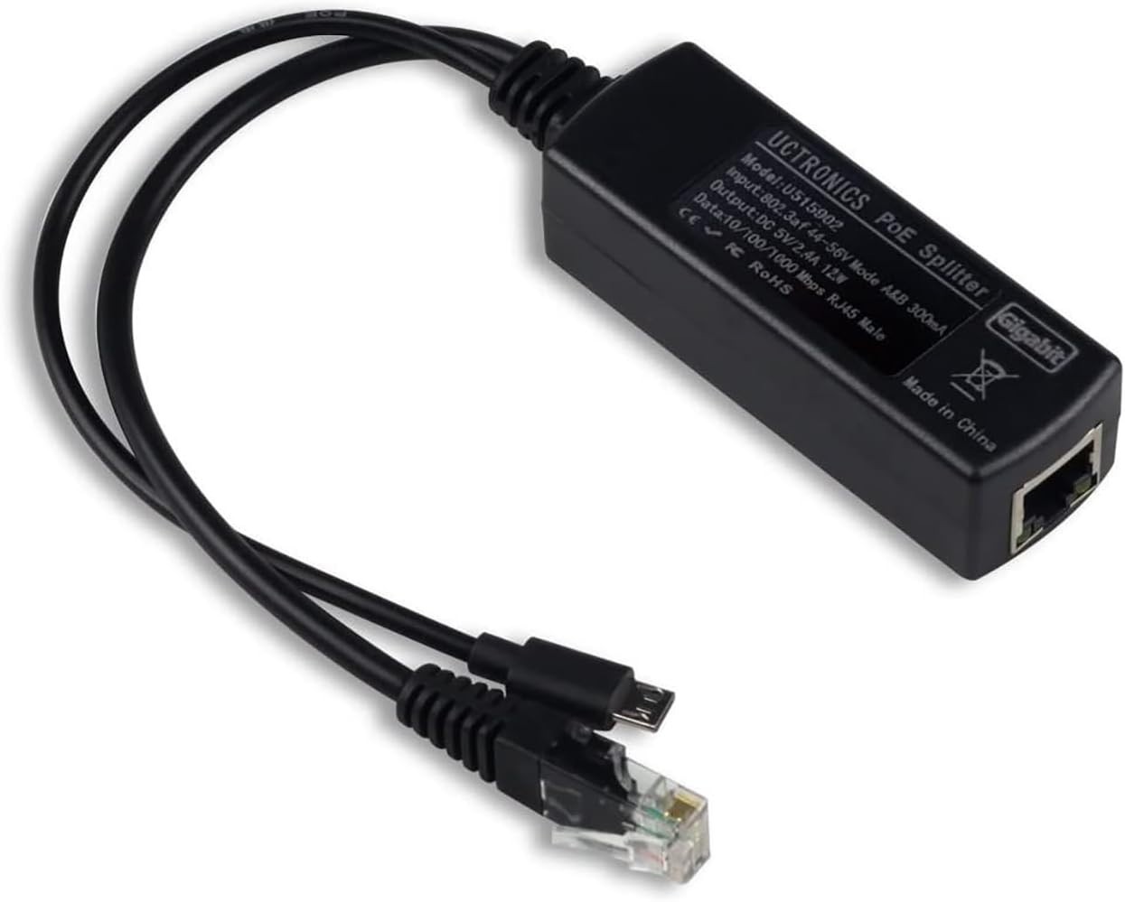 UCTRONICS PoE Splitter Gigabit 5V 2.4A Micro USB Power and Ethernet Raspberry Pi