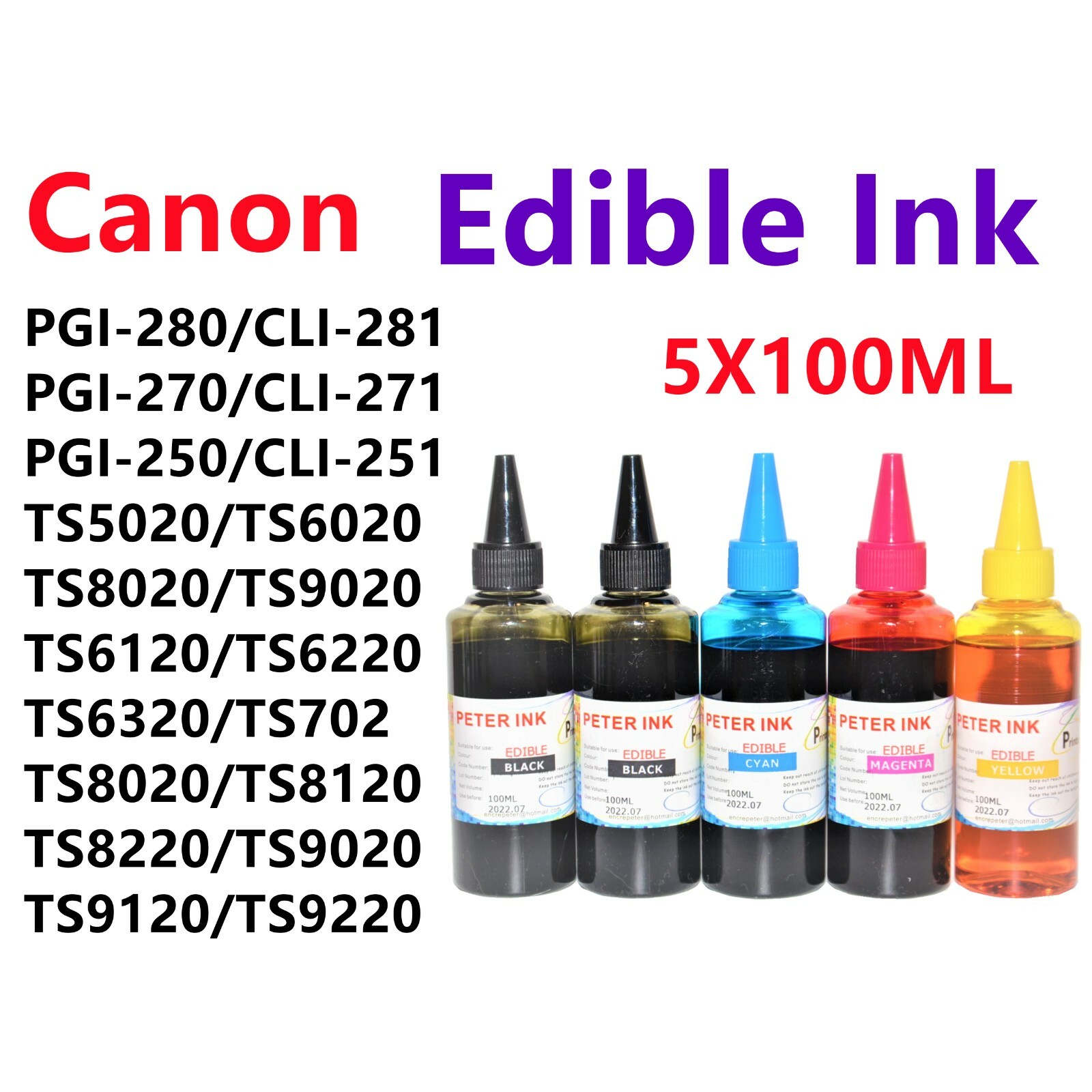 5X100ML Edible refill Ink alternative for Canon inkjet printer A