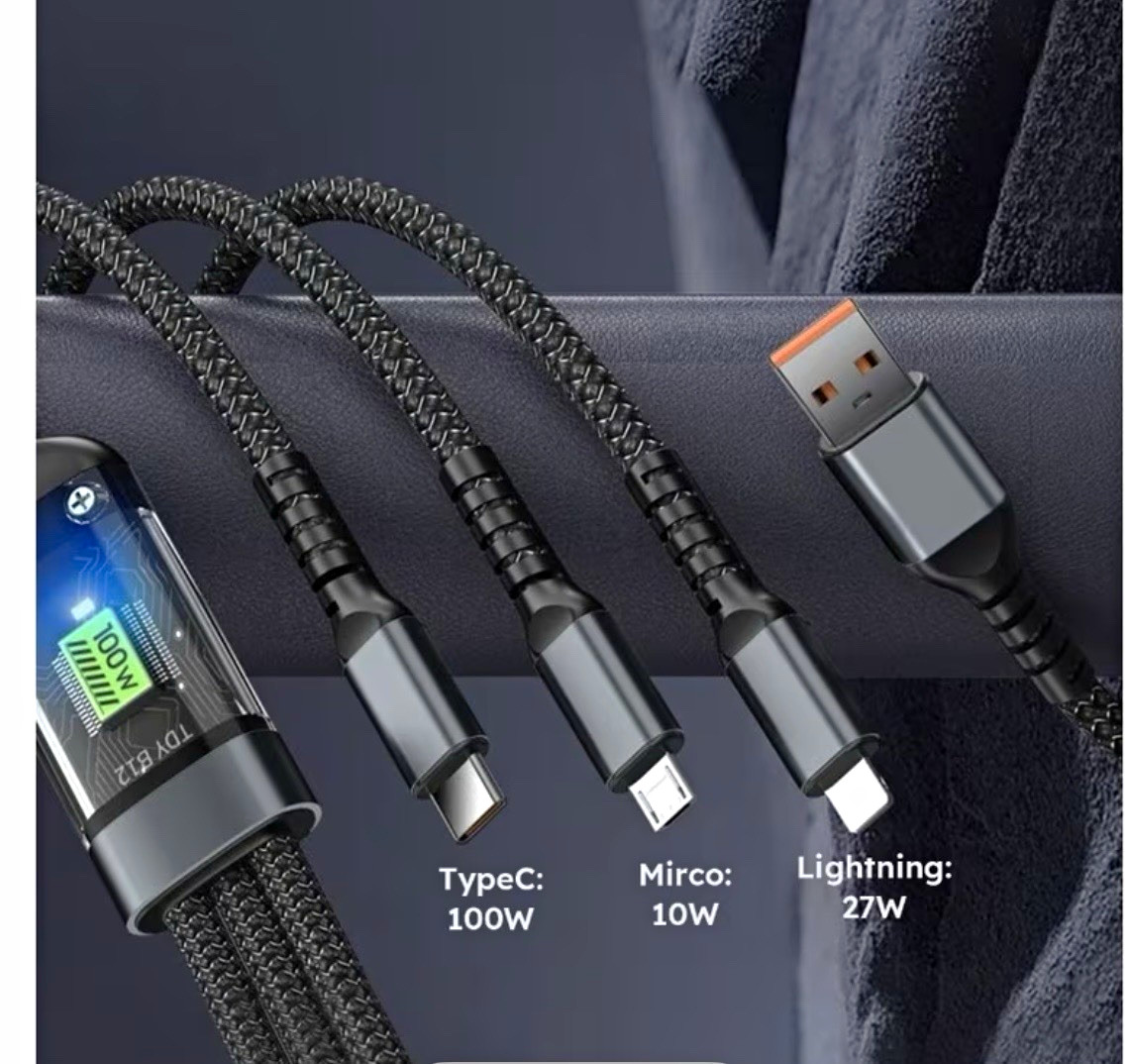 3-in-1 USB-A to USB-C/Micro-USB/Lightning 100W Fast Charge Braided LED Black 4FT