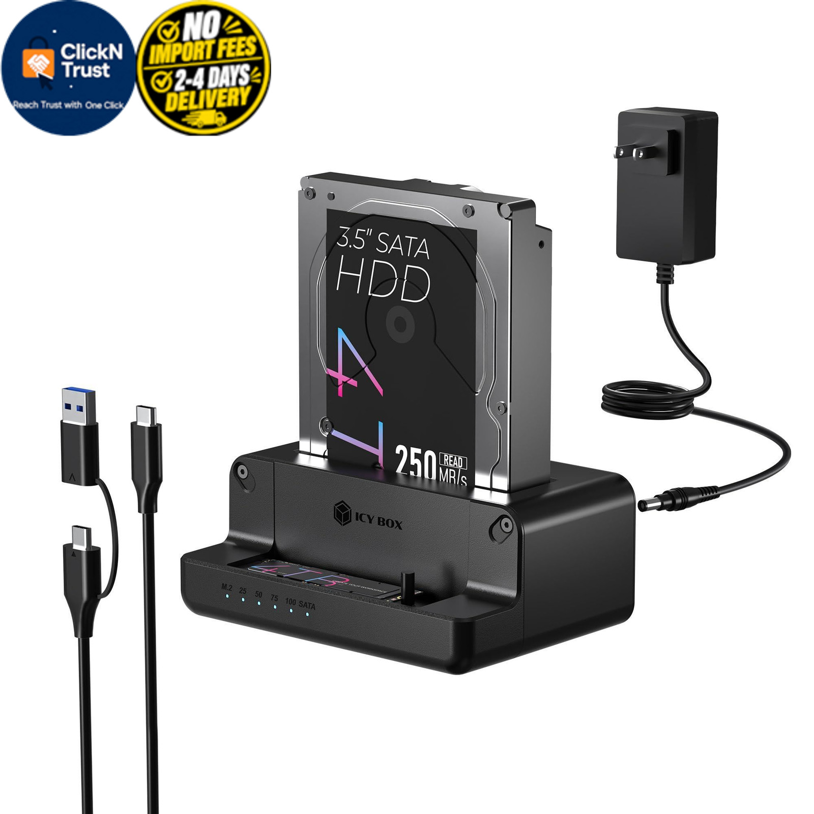 M.2 NVMe & SATA SSD/HDD Hard Drive Docking Station, ICY BOX USB-C Black
