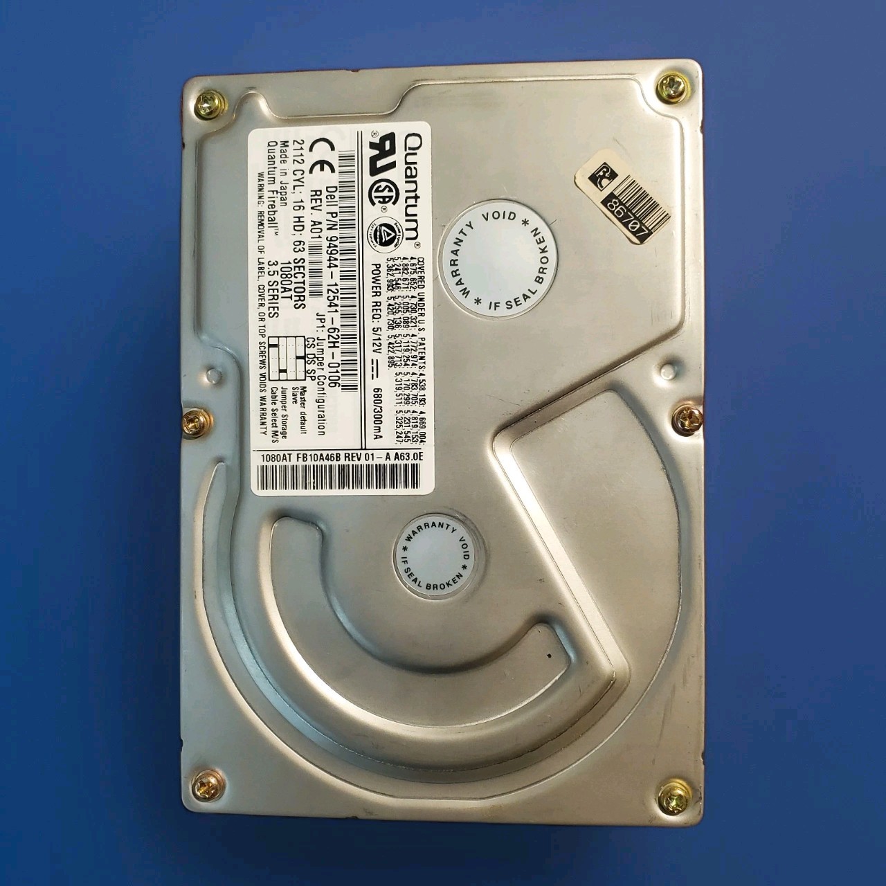 Quantum Fireball 1080AT Hard Drive;   1 GB IDE 3.5; FB10A46B Rev 01-A A63.0E