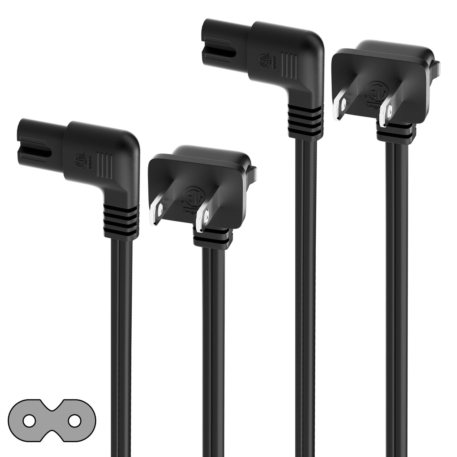 Angled 2-Slot Non-Polarized Angle Power Cord 2 FT (2-Pack), 90 Degree L-Shape...