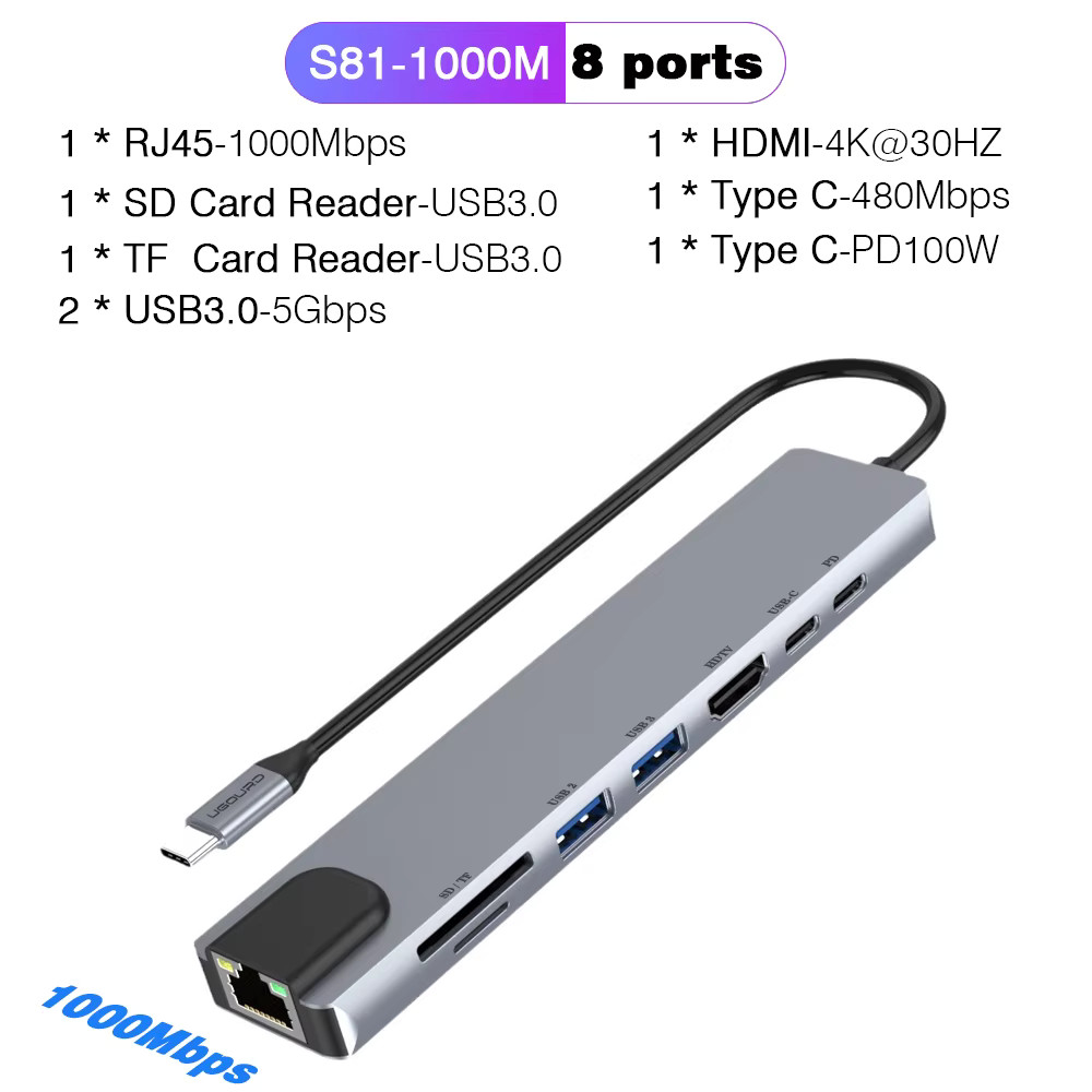 USB C Docking Station RJ45 Ethernet HDMI 4K 30Hz VGA Aluminum 8-Port Hub