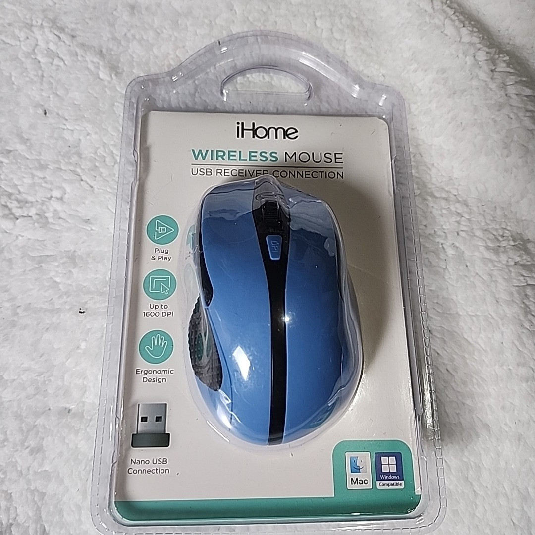 New iHome Wireless Mouse for Mac & PC Windows Adjustable DPI Thumb Rest Blue