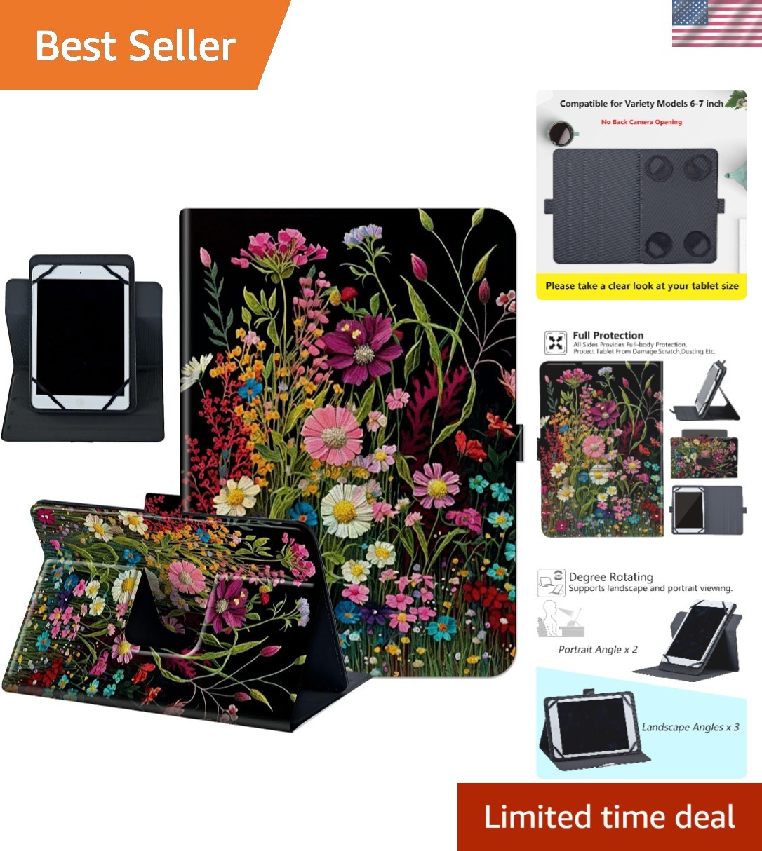 Universal 6-7 Inch E-Reader Case – Stylish Wildflower Design with Rotating Stand