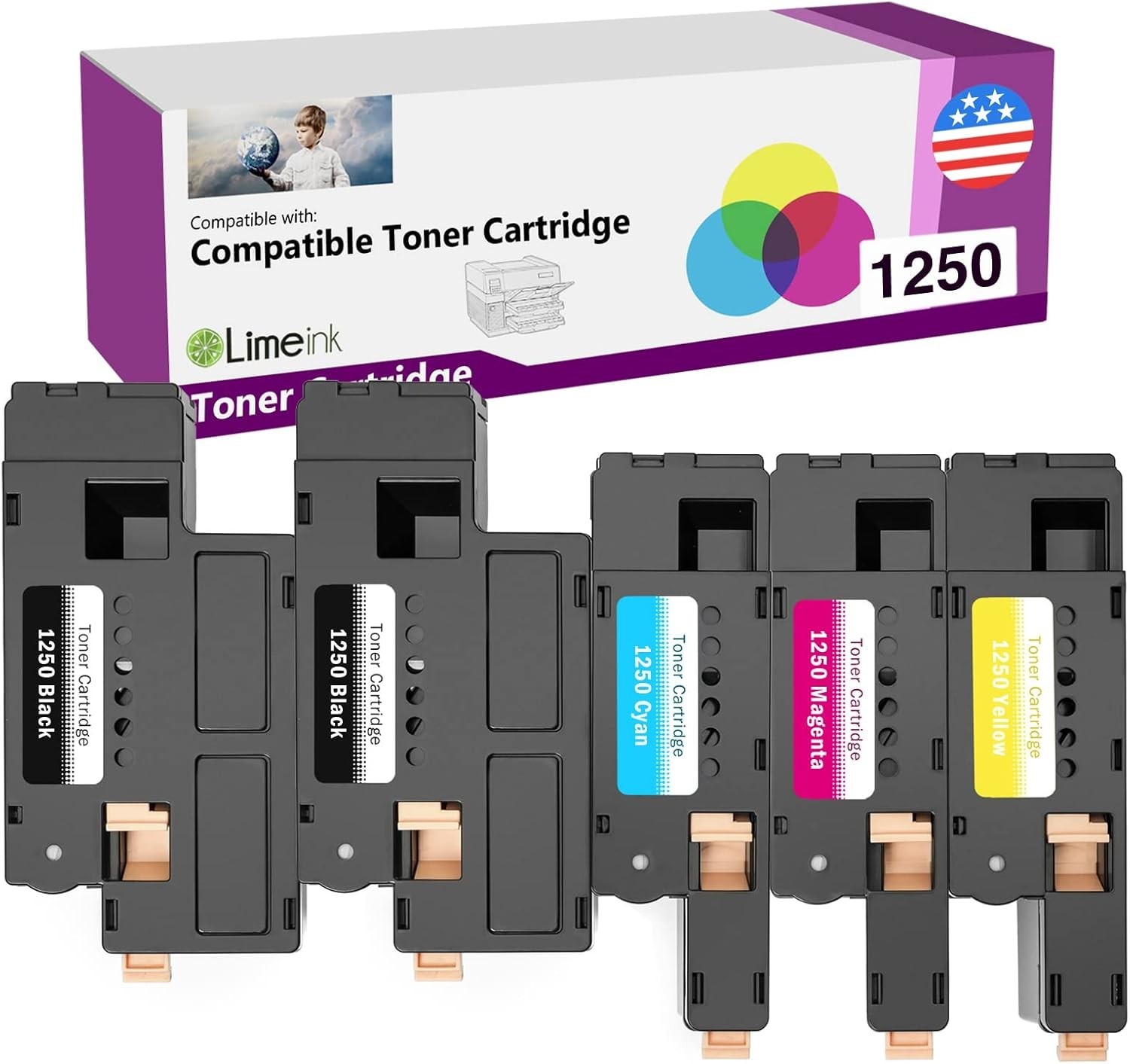 5 1250 Toner Cartridge Black Color Set For Dell Laser C1760nw C1765nf C1765nfw