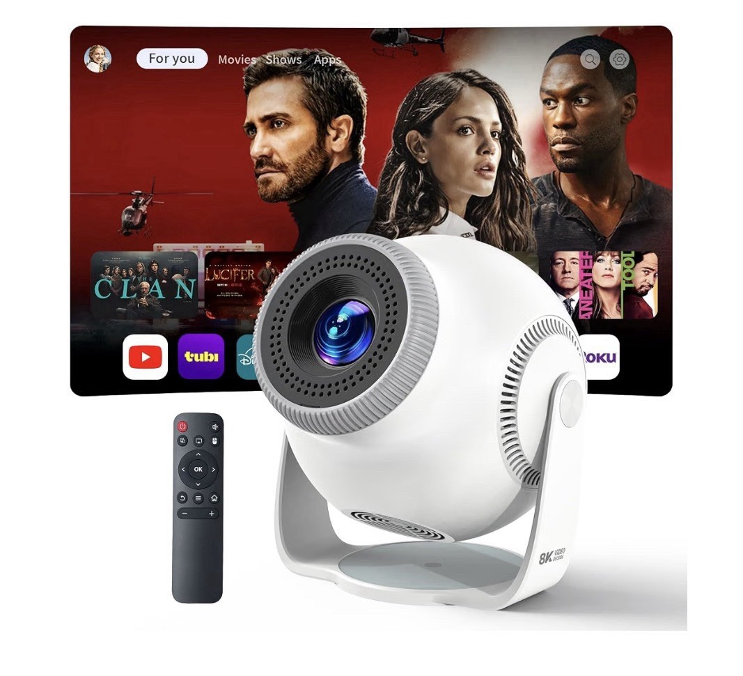Smart Mini Projector with WiFi 6 and Bluetooth 5.4, White Android 14 OS