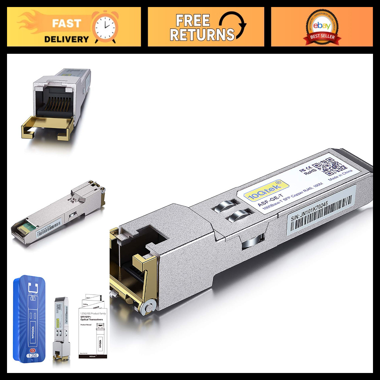 1.25G SFP-T Copper Module, 1000BASE-T RJ45 Connector, Compatible with Juniper QF