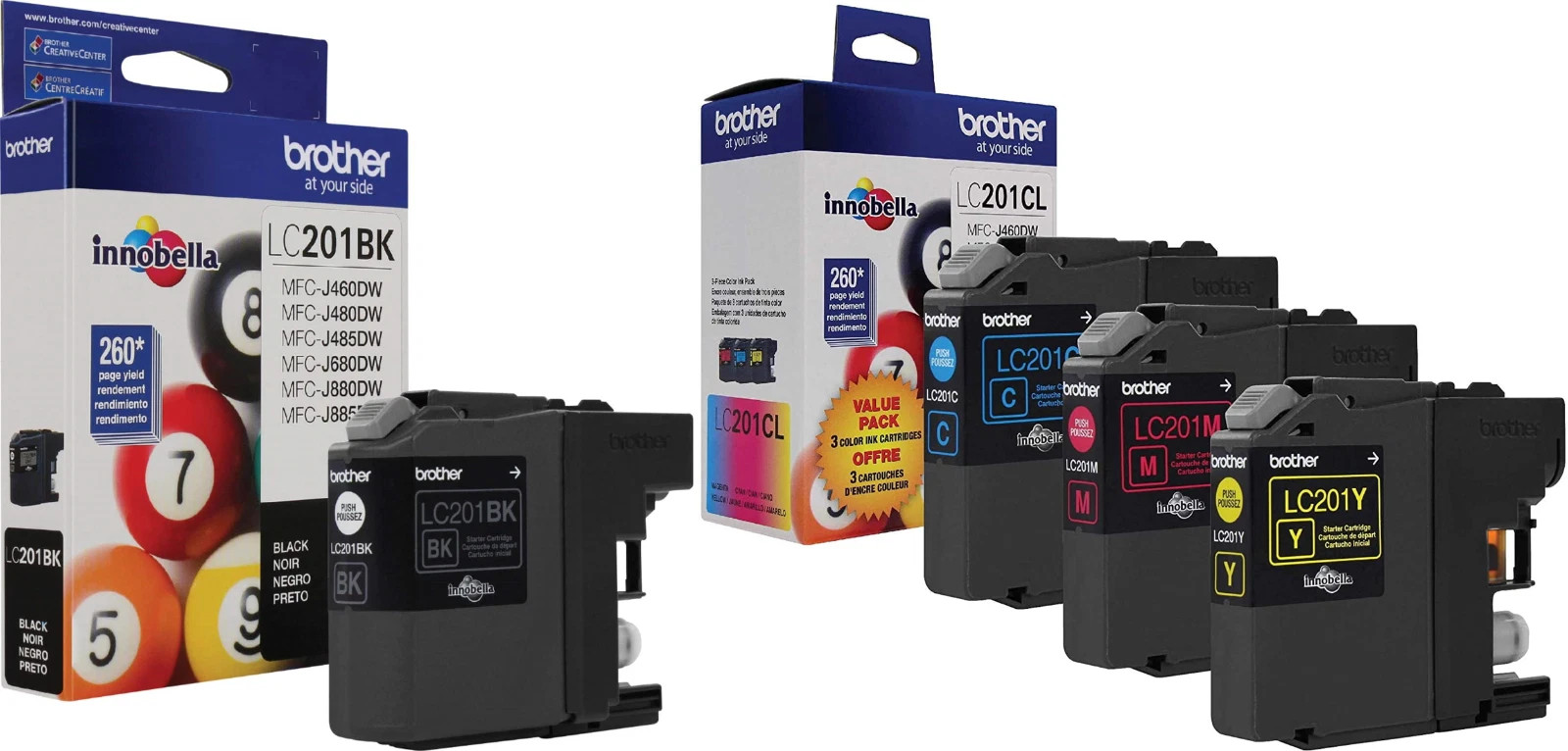 New Genuine Brother LC201 Black Cyan Magenta Yellow 4PK Ink Cartridges
