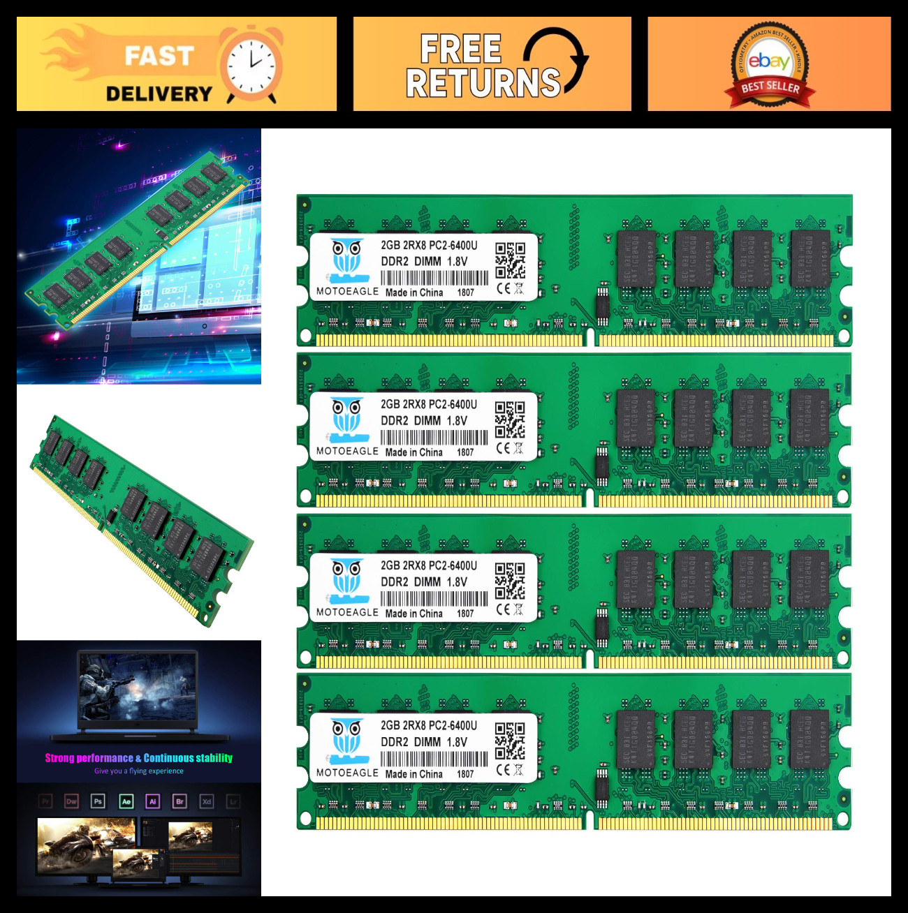8GB DDR2 800MHz RAM Kit (4x2GB) PC2 6400 UDIMM Non-ECC Unbuffered Memory
