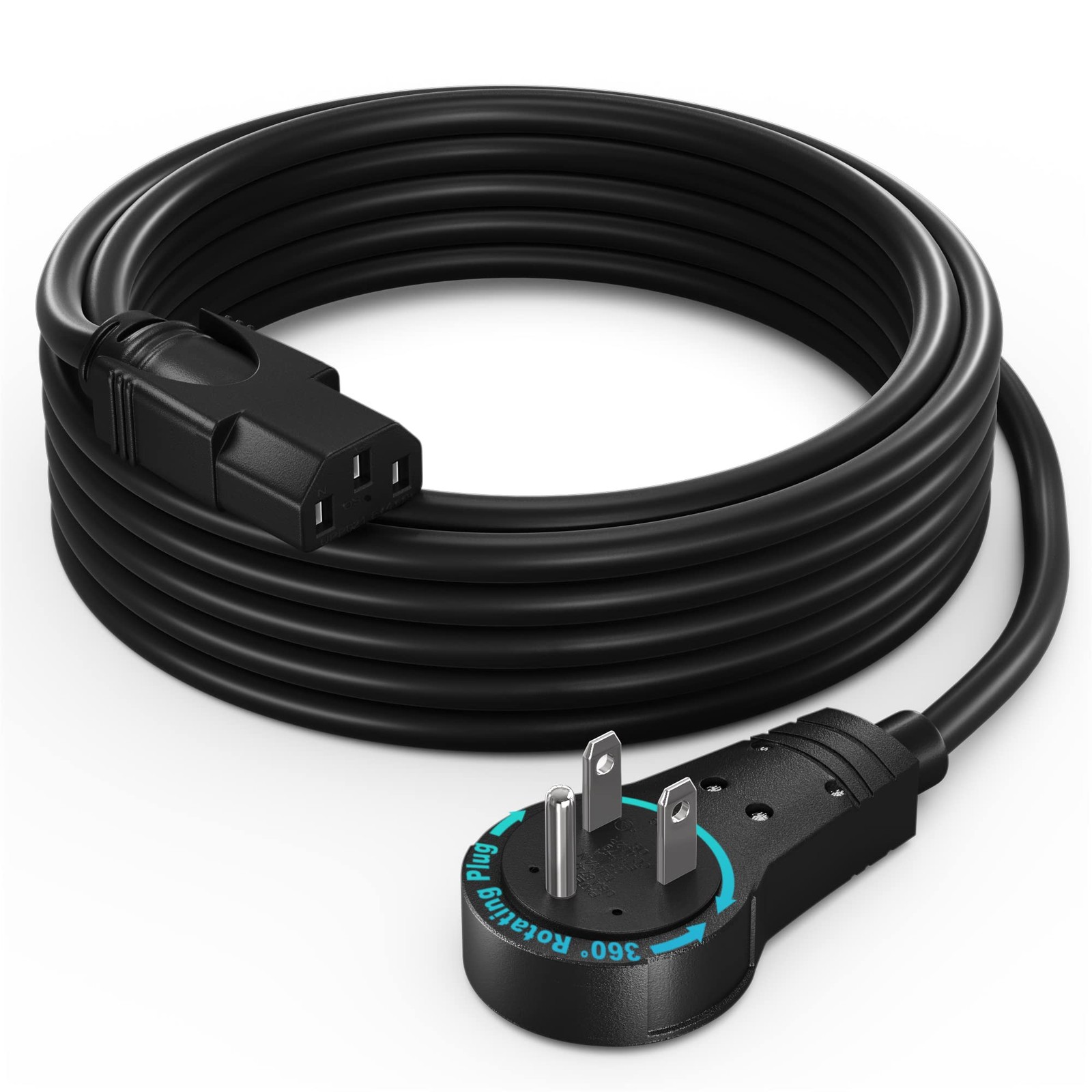 12 FT Monitor Power Cord, 360° Rotating Flat Plug, UL Certified, NEMA 5-15P