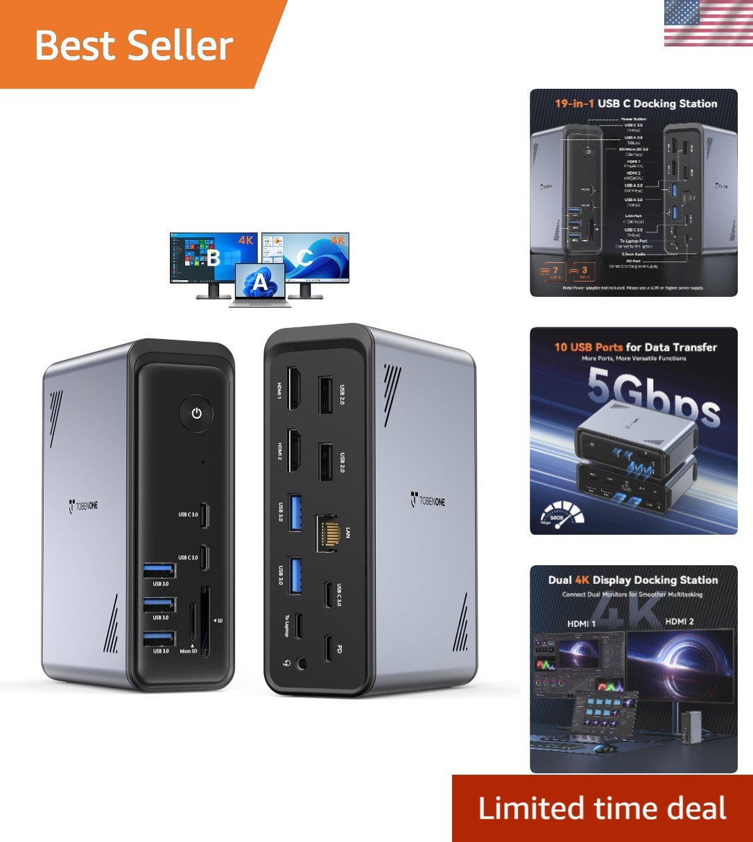 19-in-1 Laptop Docking Station Dual Monitor,10 USB C/A,2×4K HDMI | Docking St...