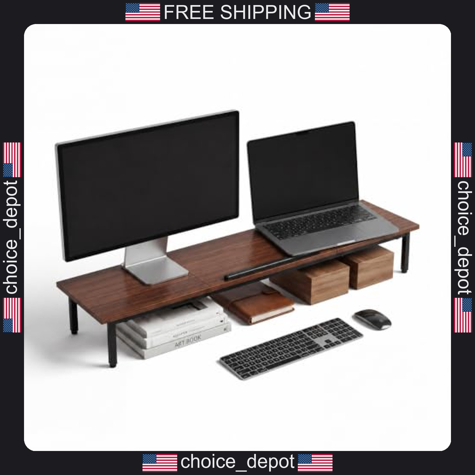Dual Monitor Riser with Adjustable Laptop Stand Walnut Wood Steel