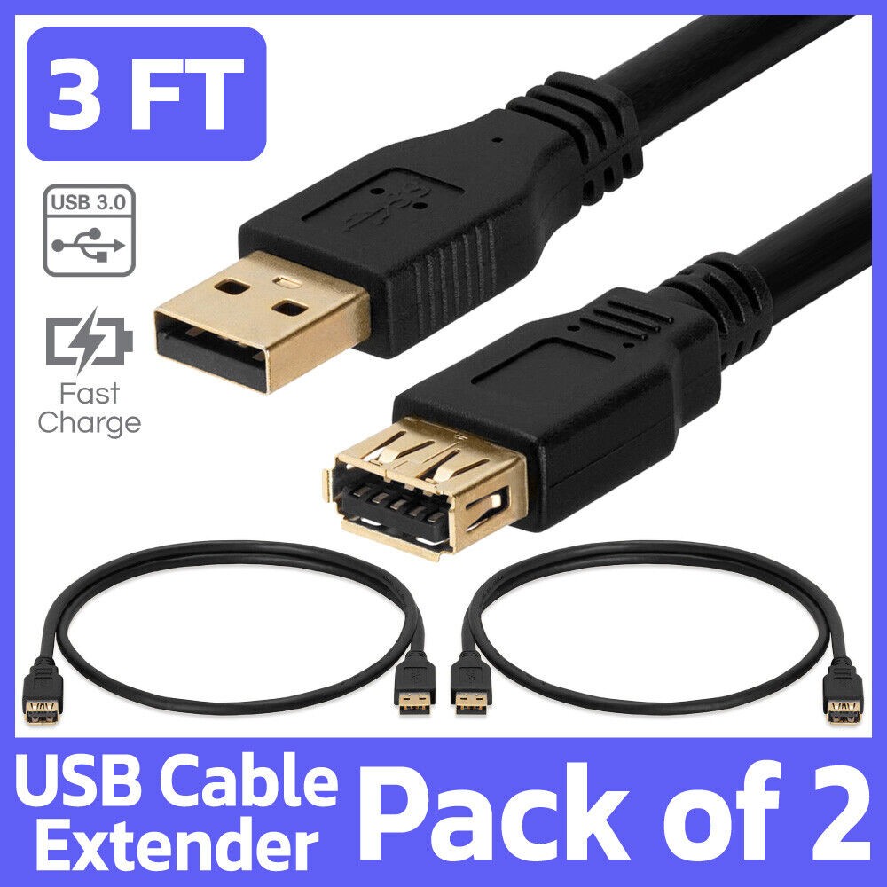2 Pack USB Extension Cable 3FT USB Cable Extender Cord SuperSpeed USB 3.0 Black